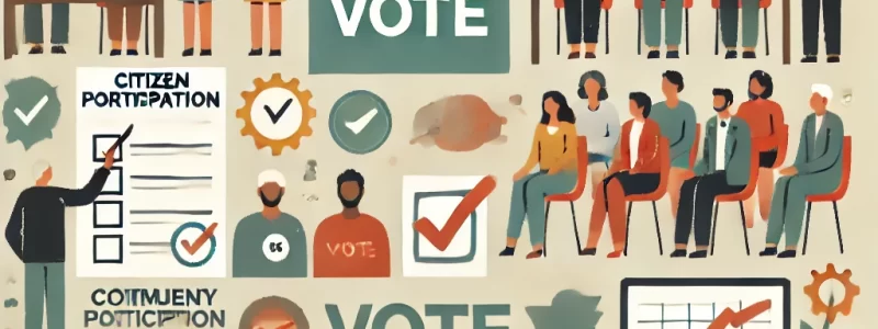 DALL·E 2024-07-14 20.25.12 - An image representing the importance of citizen participation. Include elements such as a diverse group of people, voting, and community meetings. The